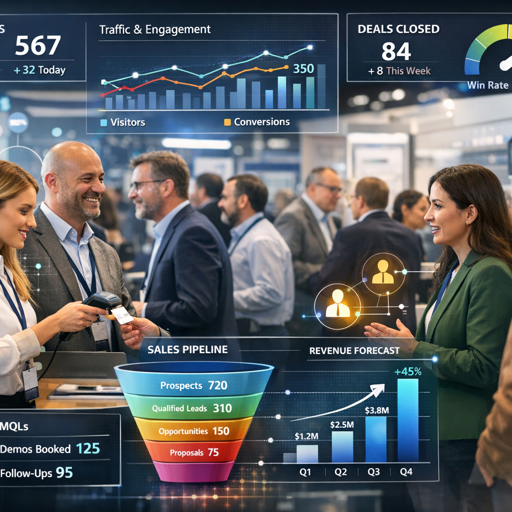 Nordic B2B Conference Booth Team with Analytics Overlay Nordic B2B Conference Booth Team with Analytics Overlay