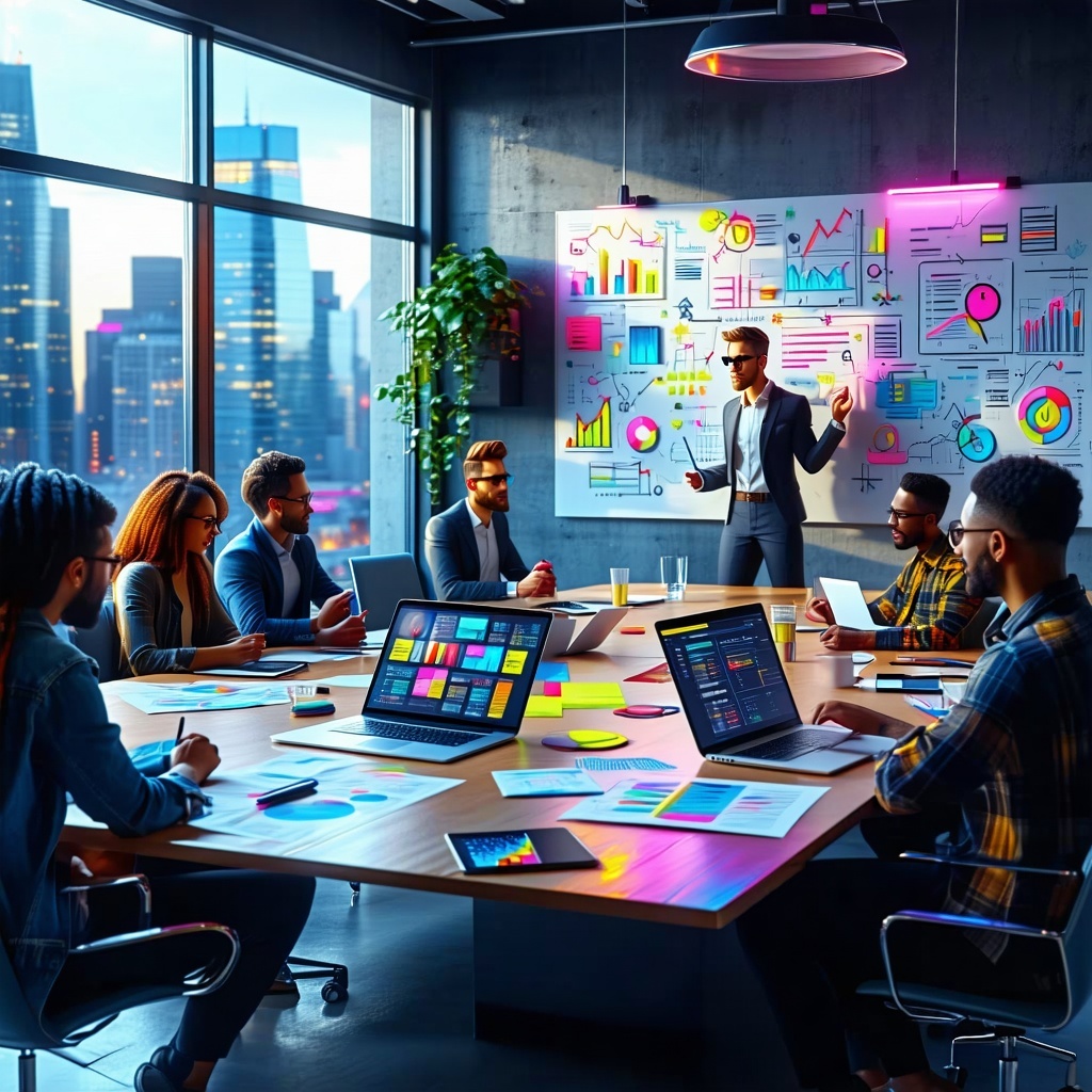 The image features a modern office setting with a group of diverse professionals seated around a sleek conference table engaged in an animated discussion The room is bright filled with natural light streaming through large windows showcasing a city s
