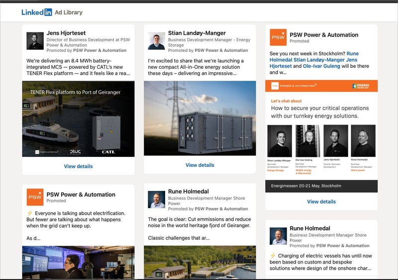 LinkedIn Ad Library med målrettede annonser fra PSW Power & Automation