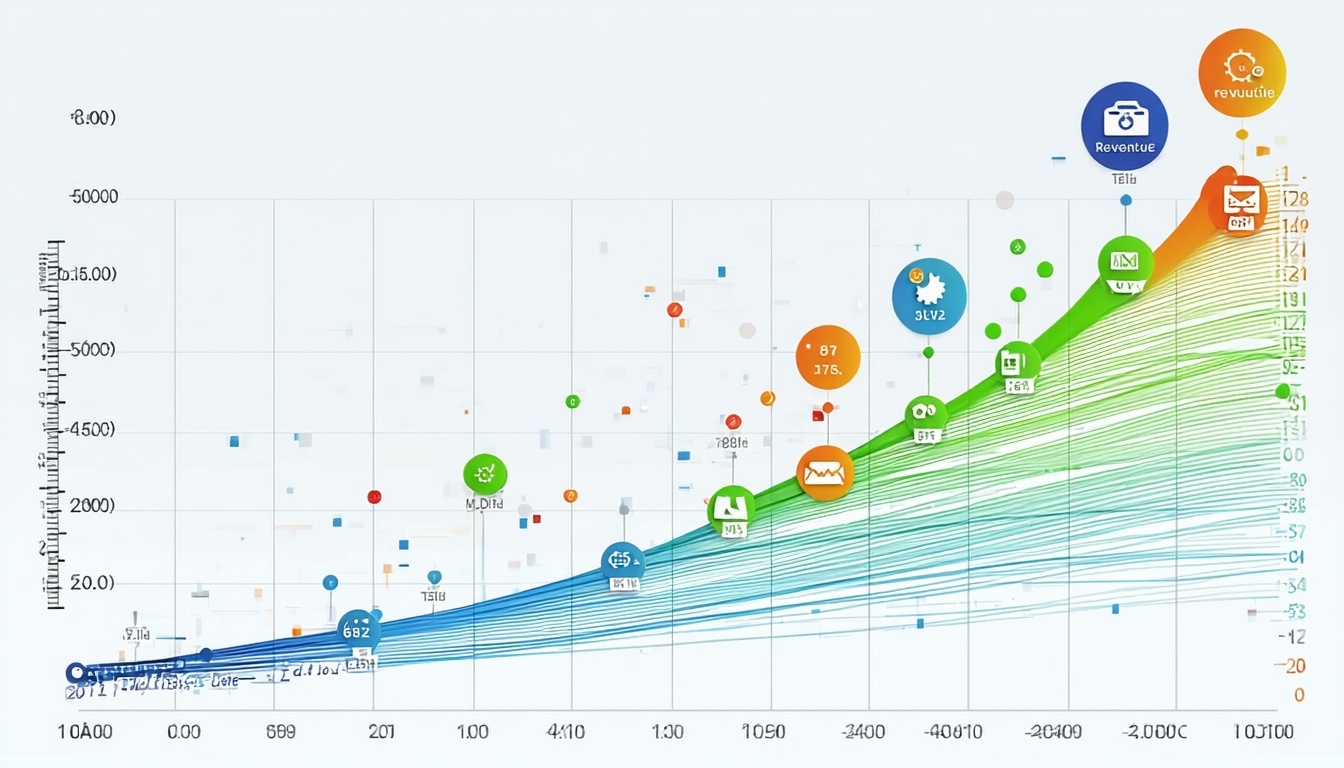 The image features a colorful graph displaying growth and results over time The Xaxis represents time intervals while the Yaxis indicates the amount or percentage of growth The graph includes a series of rising lines in vibrant colors such as green b