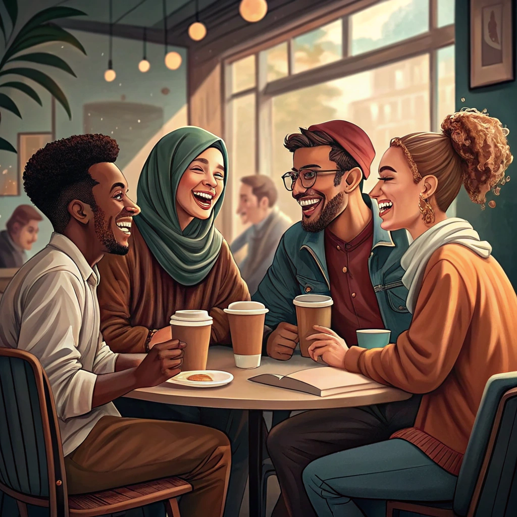 people with different backgrounds at cafe laughing