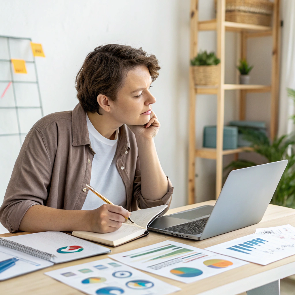 Lady looking at laptop with papers around